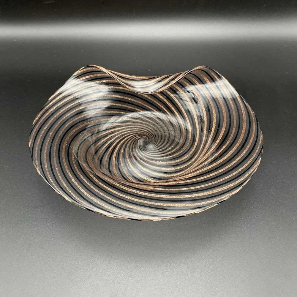 Murano Glass Handkerchief Bowl Gold Black Swirl Dino Martens Aureliano Toso